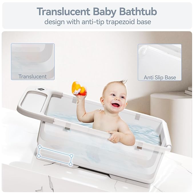 Collapsible Baby Bathtub - Large Capacity Baby Bath Tub with Thermometer & Soft Cushion | Portable Travel Newborn Infant Bathtub | Foldable Toddler Bathtub for Baby 0 to 36 Months (no Stand)-CubbioJoy