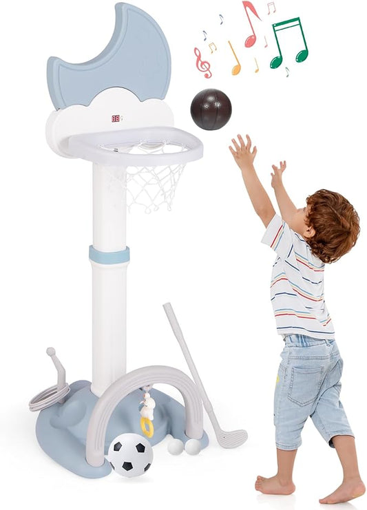 Costzon Kids Basketball Hoop with Electronic Scoreboard Cheer Sound, 4 in 1 Height Adjustable Toddler Basketball Hoop with Soccer, Golf, Ring Toss Game for Indoor Outdoor, Gift(Light Blue Moon)-CubbioJoy