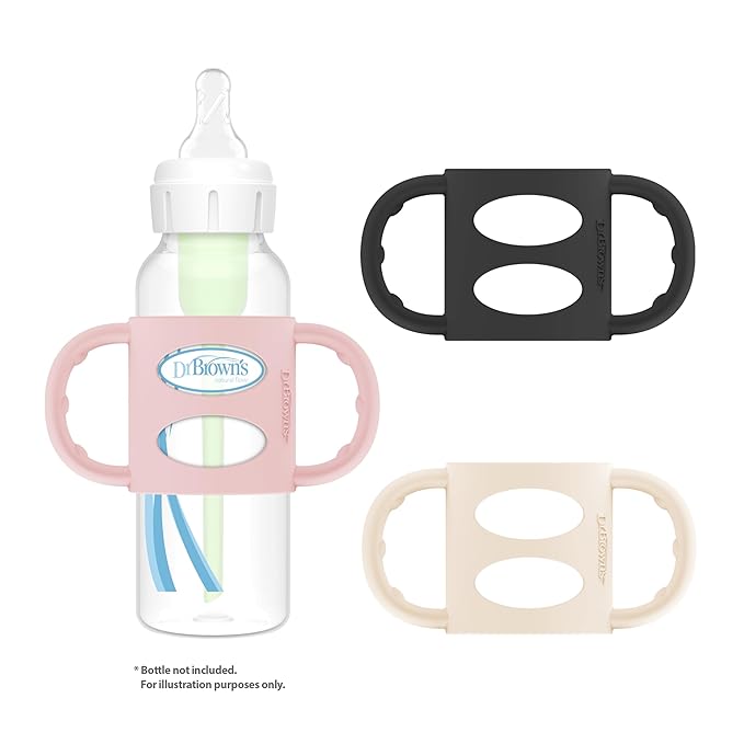 Dr. Brown's Narrow Baby Bottle Handles, 100% Silicone, Easy Grip Removable Handles for Bottle to Sippy Cup Transition, Black/Ecru/Pink, 3-Pack, 4m+-CubbioJoy