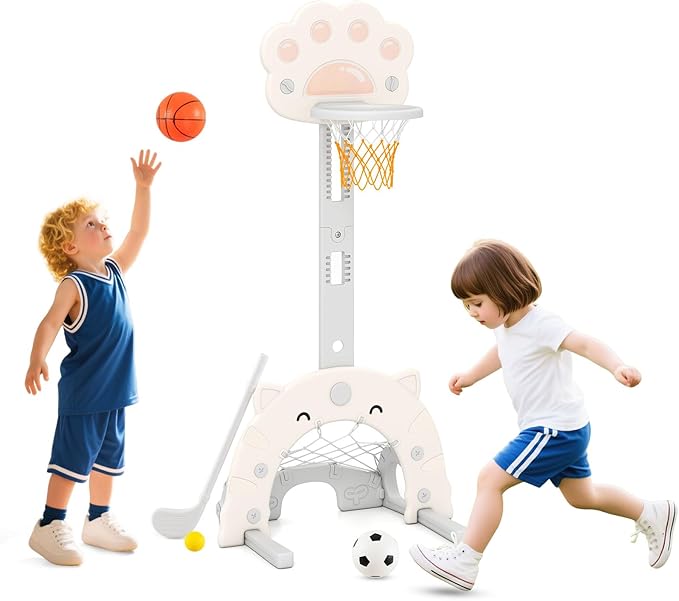 Costzon 3 in 1 Toddler Basketball Hoop, Height Adjustable Kids Sports Center w/Foldable Basketball, Soccer & Golf Game, Indoor Outdoor Activity Playset w/Foldable Rim, Gift for Children Baby Infant-CubbioJoy