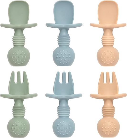 Baby Spoons and Forks Feeding Set, 6 Pack Silicone First Stage Self Feeding Toddler Utensils, BPA Free, Baby Led Weaning Supplies for Training Spoons-CubbioJoy