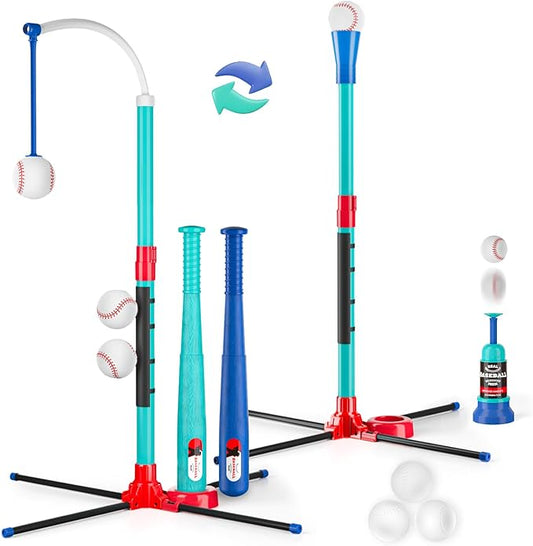 3-in-1 Baseball Set for Kids: Hanging Batting Tee + T Ball Stand Set Auto Ball Launcher for Toddlers & Youth Adjustable Height with 6 Balls 2 Bats Outdoor&Indoor Toys Sports Gifts for 3-12 Years Old-CubbioJoy