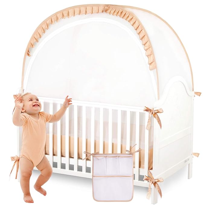 Baby Safety Crib Tent Infant Pop up Mosquito Net Nursery Bed Canopy Netting Cover - Keep Baby from Climbing Out with Hanging Diaper Storage Bag (Beige)-CubbioJoy