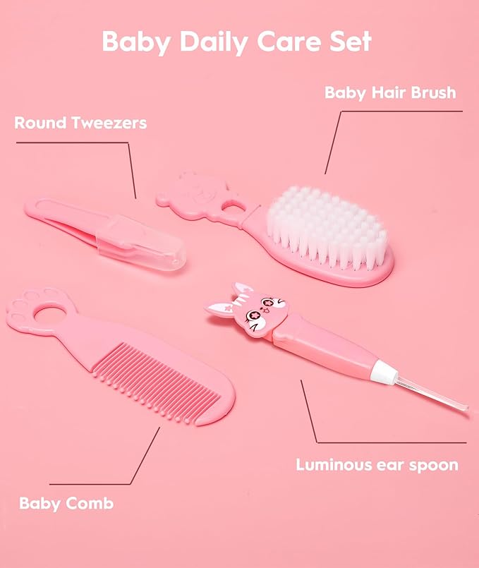 Baby Healthcare and Grooming Kit, Safety Newborn Nursery Baby Care Kit, with Hair Brush Comb, Nail Clipper, Thermometer, Pacifier Clip, Baby Registry Search, Baby Girl Boy Newborn Essentials-CubbioJoy