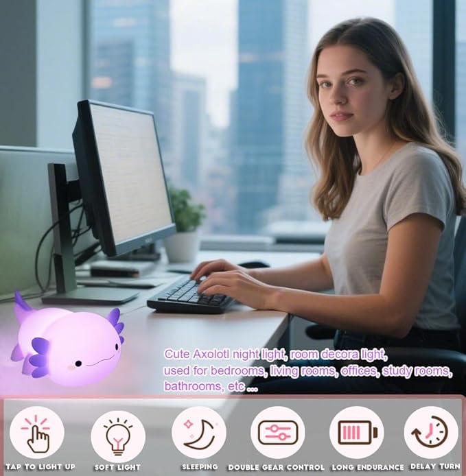 DREAMING MY DREAM Axolotl Night Light for Kids,Cute Axolotl Gifts lamp Rechargeable Light Table Bedside Lamp,LED Animal Silicone Nursery Night Lamp Cute Room Decor for Kids Girls Boys-CubbioJoy