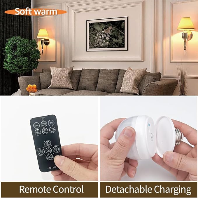 BLUEYE Rechargeable Light Bulbs,2Pack,7W,Remote Control,Soft Warm 2700K-6000K,50W Equivalent,450Lumens,Flicker-Free,E26 Detachable Charging,E12 Available,Battery Operated Emergency Lamp for No Outlet-CubbioJoy