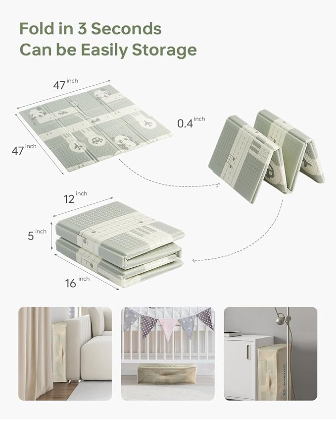 Baby Floor Play Mat 47"x47" Baby Playpen Mat, Foldable Baby Girl Playmat, Reversible Waterproof Foam Play Mats for Baby, 0.4 inch Crawling Baby Mat for 50" X 50" & 47"x47" Playpen(47*47*0.4)-CubbioJoy