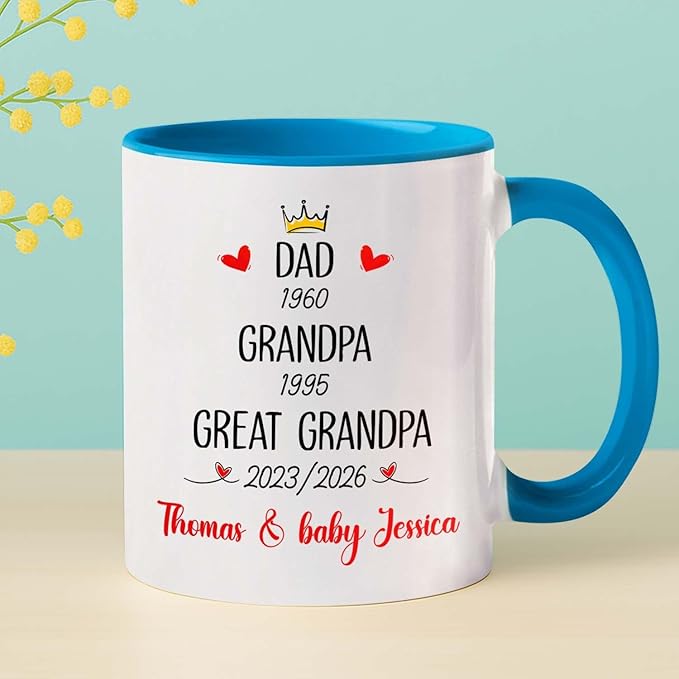 Dad Grandpa Great Grandpa EST 2026 Coffee Mug 11 15 Oz, Novelty Accent Ceramic Cup Gift For Pregnancy Announcement, Customized Choose Year & Name White Coffee Cup New Great-Grandfather Grandad Pawpaw-CubbioJoy