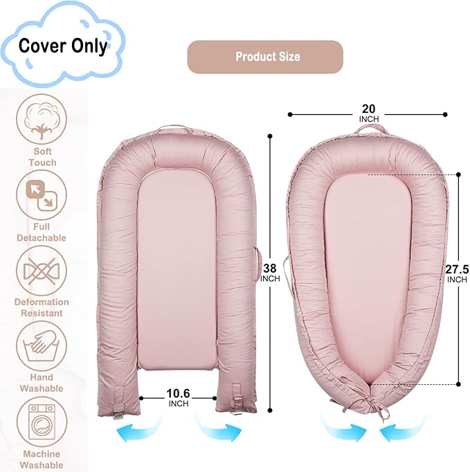 Baby Lounger Cover Only for Newborns, 100% Cotton Soft Portable Baby Nest Lounger Cover, Breathable Infant Lounger Replacement Cover, Lounger Pillow Cover Fit for Snuggle Me, Cover Only(Pink)-CubbioJoy
