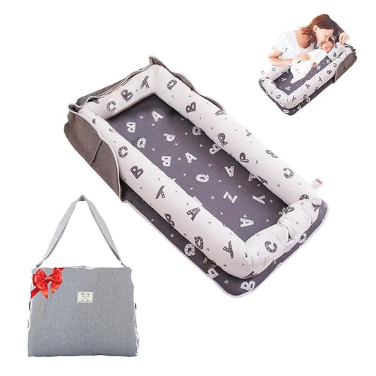 Baby Lounger for Newborn Portable Bag,Baby Nest Play Gym mat with Strap,Newborn Lounger Adjustable Size & Inner Zipper Lengthen Space to 24 Months(Letter Gray)-CubbioJoy