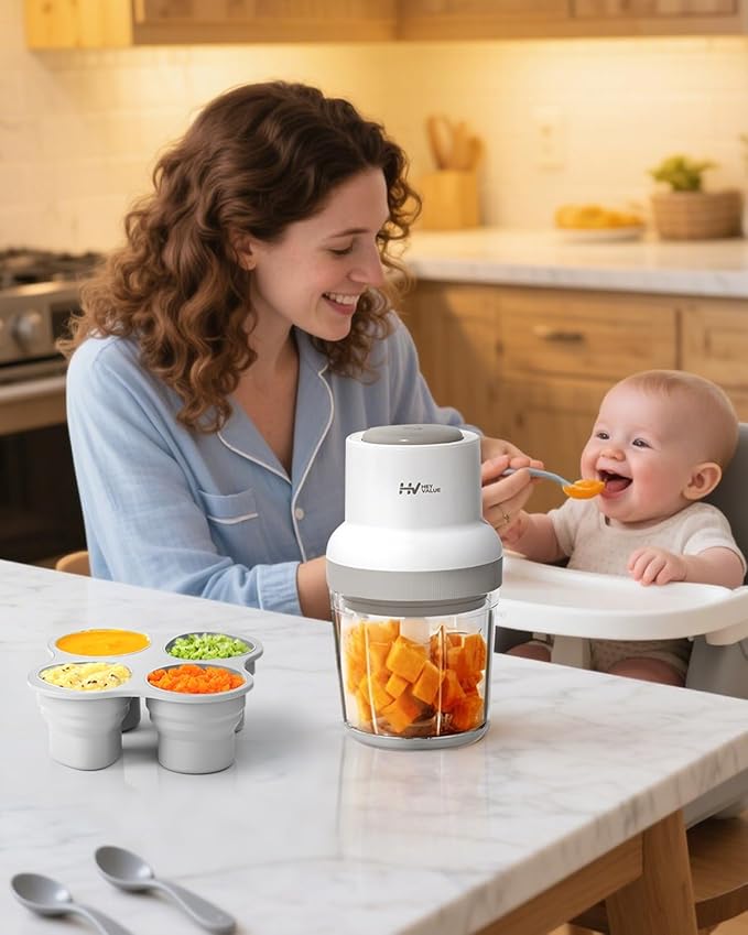 Baby Food Maker, HEYVALUE 13-in-1 Food Processor Set, Fruit, Vegatable, Meat, Baby Puree Blender with Baby Containers, Food Freezer Tray, Silicone Spoons, Spatula (Gray)-CubbioJoy