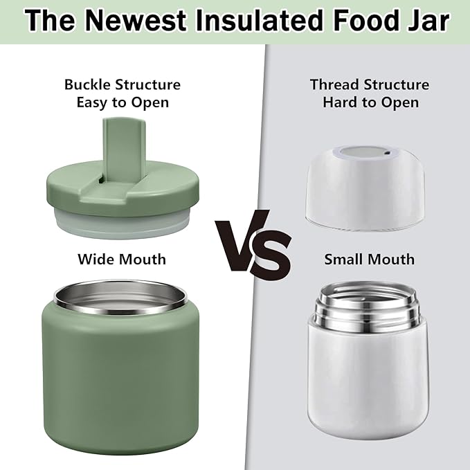 26oz Kids Jar for Hot Food, Insulated Vacuum Food Jar with Buckle Lid, Stainless Steel Wide Mouth Leak Proof Insulated Lunch Container for School Picnic Travel, Green-CubbioJoy