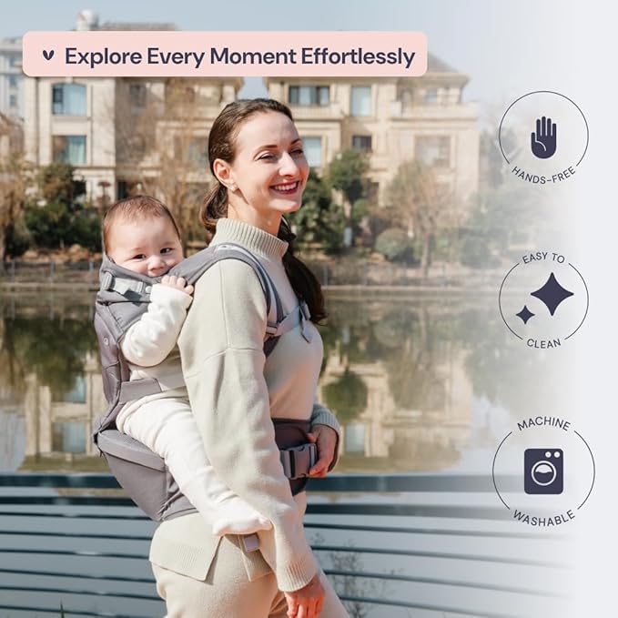 BabbleRoo Grow Carrier – Safety-Certified 6-in-1 Baby Carrier with Hip Seat, Ergonomic & Adjustable Toddler Carrier 7-50 lbs with Hip Support, Hood for Sun Protection, Newborn to Toddler, Gray-CubbioJoy