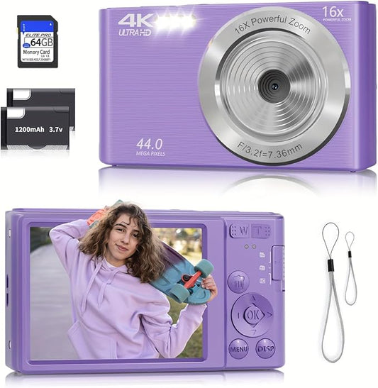Digital Camera, FHD 4K 44MP Digital Camera, 16X Digital Zoom, Digital Point and Shoot Camera with 3-LED Fill Lights, 64GB SD Card, Compact Camera for Kids Teen Boys Girls, Purple-CubbioJoy