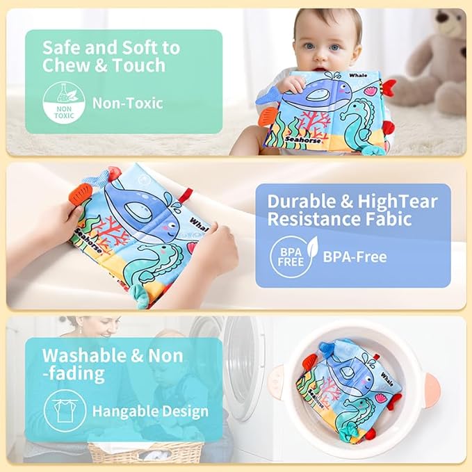 Baby Books 0-6 Months, 2PCS Crinkle Books for Babies, Touch and Feel Sensory Books for Babies, Infant Toys 0-6 Months, Soft Fabric Toy Shower Gift, Baby Crinkle Book - 4 Page Blue-CubbioJoy