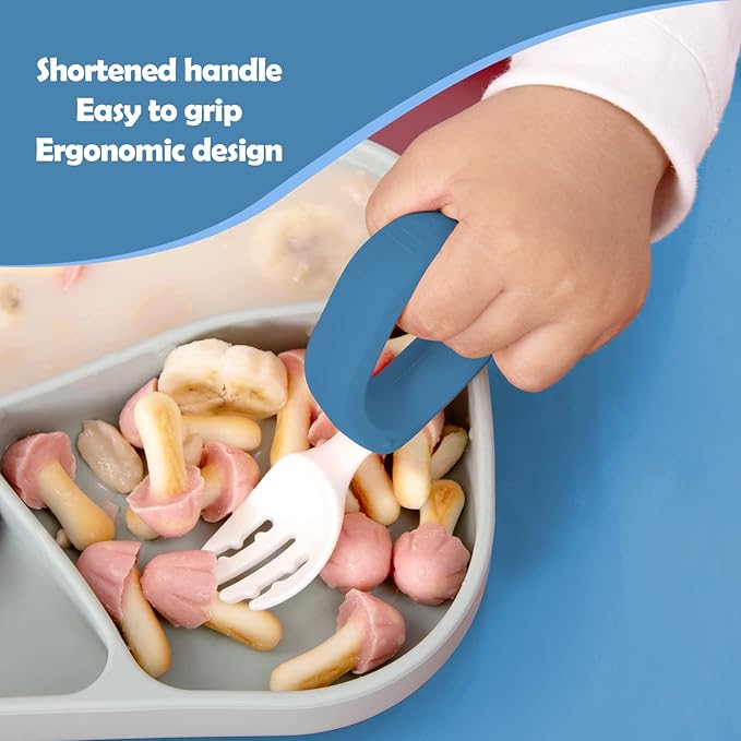 Baby Self Feeding Training Spoon and Fork Set with Travel Case, BPA-Free Cute Circle Toddler Training Utensils, Silicone/ABS Great Tableware Set Spoons Fork for Kids (Blue)-CubbioJoy