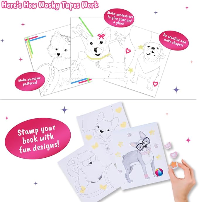BSCOOL Dog in Style – Design Your Pet Fashion with 25 Coloring Pages, 3 Stamps, 50+ Stickers, Washi Tapes and Guides. Discover Unique Outfits for Dogs. Educational. Travel Friendly for Ages 5 and up.-CubbioJoy