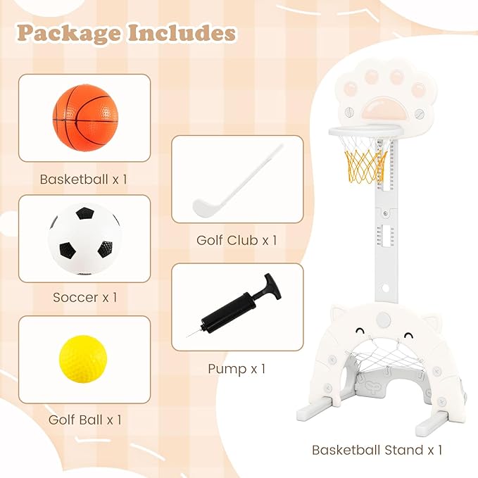 Costzon 3 in 1 Toddler Basketball Hoop, Height Adjustable Kids Sports Center w/Foldable Basketball, Soccer & Golf Game, Indoor Outdoor Activity Playset w/Foldable Rim, Gift for Children Baby Infant-CubbioJoy