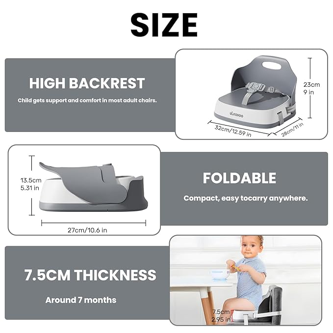 Baby Booster Seats, Toddler Booster Seat for Dining Table with Adjustable Straps, Portable Compact Portable Baby Chair for Dining and Travel (Grey)-CubbioJoy