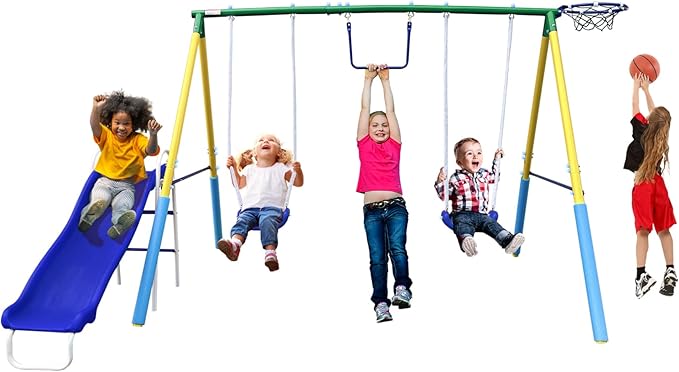 5-in-1 Swing Sets for Backyard for Kids 3-8, Tree Swings for Kids Outdoor with Slide, Basketball Hoop, Two Swing Seats and Gymnastics Rings-CubbioJoy