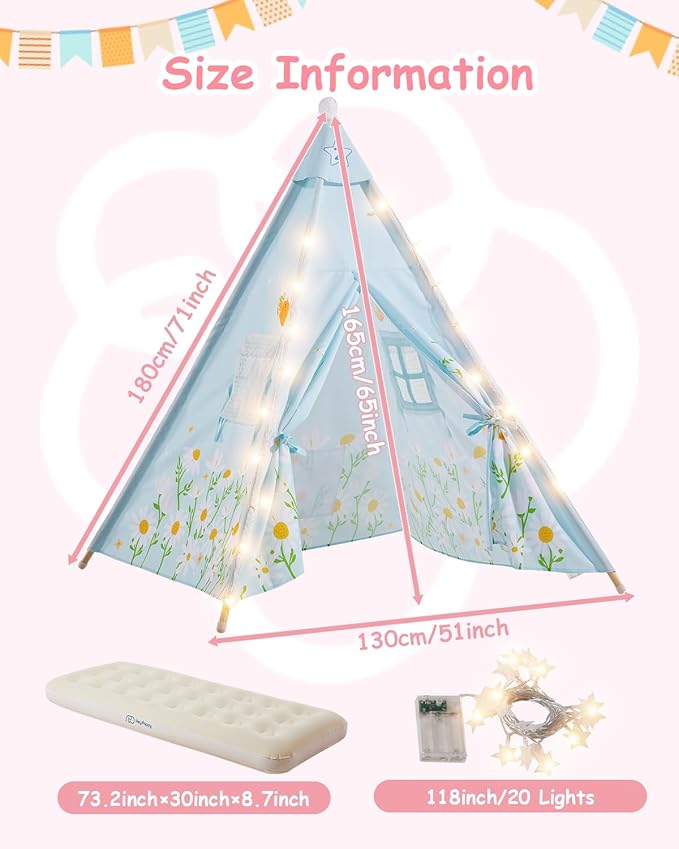 6 Pack Teepee Tent for Kids with Inflatable Airbed, Light, Toddler Tent Children Room Tents, Slumber Party Sleepover Tents, Indoor Outdoor Kids Playtent Playhouse for Girls & Boys-CubbioJoy