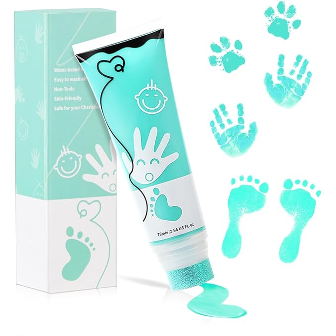 75ml Mint Green Baby Hand and Footprint Ink Kit, Baby Handprint Footprint Paint for Newborn Keepsake, Dog Cat Paw Print Kit, Washable, Non Toxic Acid-Free, Safe Gentle for Ideal New Mom Gifts-CubbioJoy