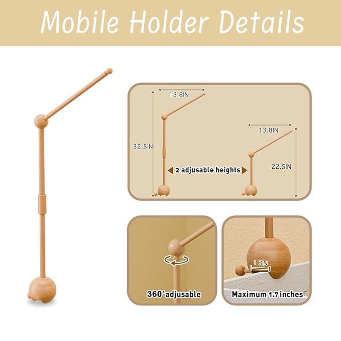 Crib Mobile Arm with Music Box,32.5 Inch Crib Mobile Stand,Wooden Mobile Arm for Crib (2 Modes,360°Adjustable,100% Beech Wood) Baby Crib Mobile for Boy and Girl-CubbioJoy