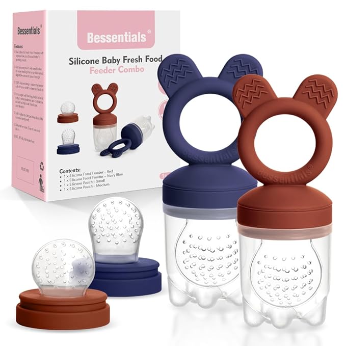 Bessentials Baby Fresh Fruit Food Feeder - 2 Pack Silicone Baby Mesh Feeders for Infant Safe Self Feeding |3 Sizes Food Pouches Included| Suitable for Baby 4m+ (Dark Red & Navy Blue)-CubbioJoy