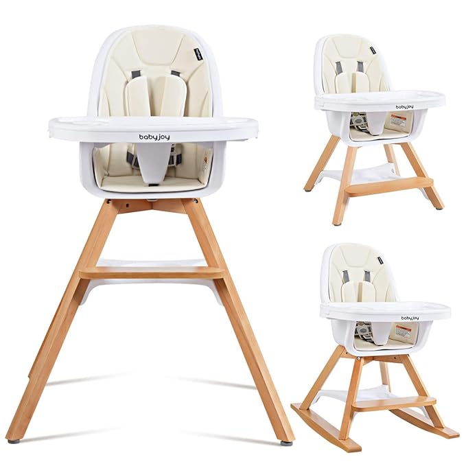 BABY JOY 3 in 1 High Chair, Baby Eat & Grow Convertible Wooden High Chair/Rocking Chair/Booster Seat/Toddler Chair, Infant Dining Chairs w/Double Removable Tray, 5-Point Seat Belt & PU Cushion, Beige-CubbioJoy