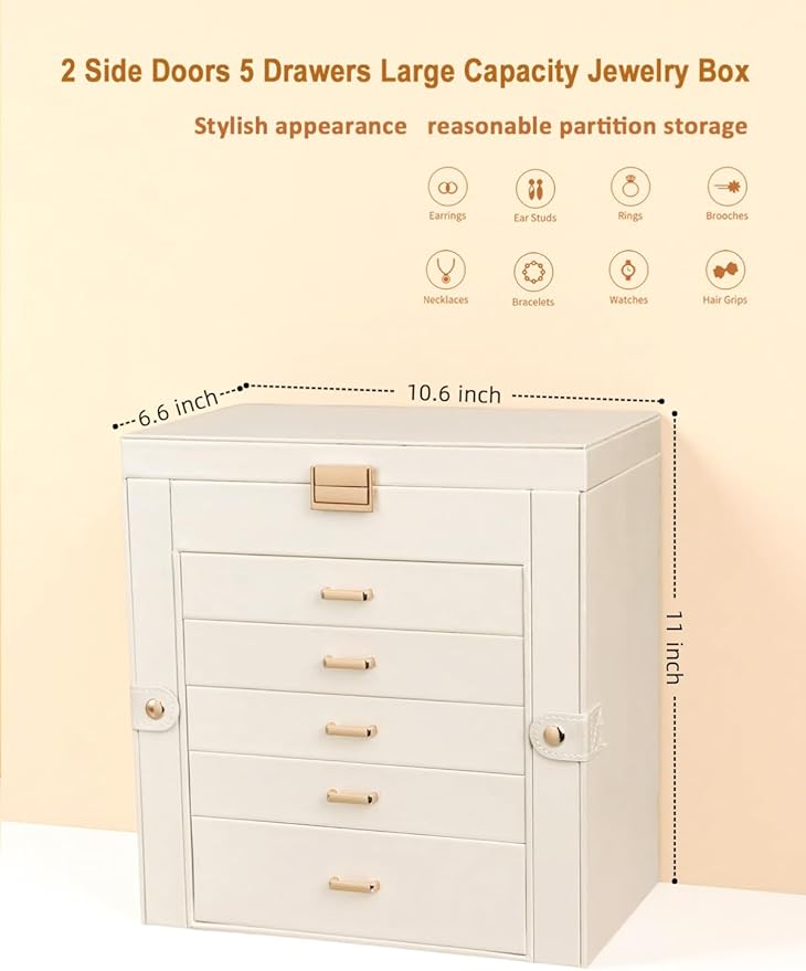 BOOVO Jewelry Box For women, 6 Layer Large Jewelry Organizer With Mirror, Multi-Function Storage Box With Lock, Necklace Holder With 5 Drawers, For Earrings Necklace Bracelet (Pearl White and Gold)-CubbioJoy