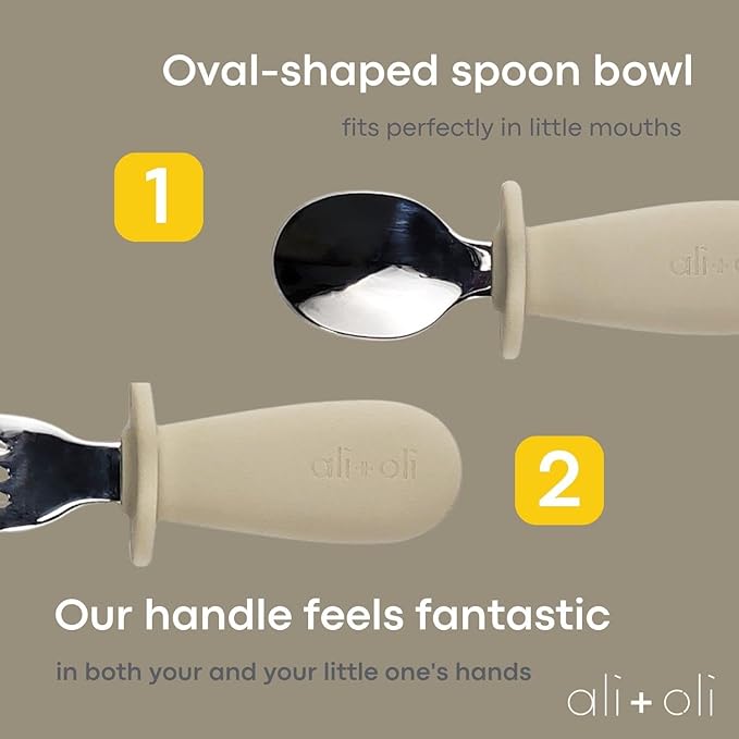 Ali+Oli Spoon & Fork Learning Set for Toddlers (Khaki) 6m+ Grab Easy BPA Free Food-Grade Silicone Handle, Kids Silverware Self Feeding Baby Utensils, Multi-stage Baby Feeding Set Ergonomic Design-CubbioJoy