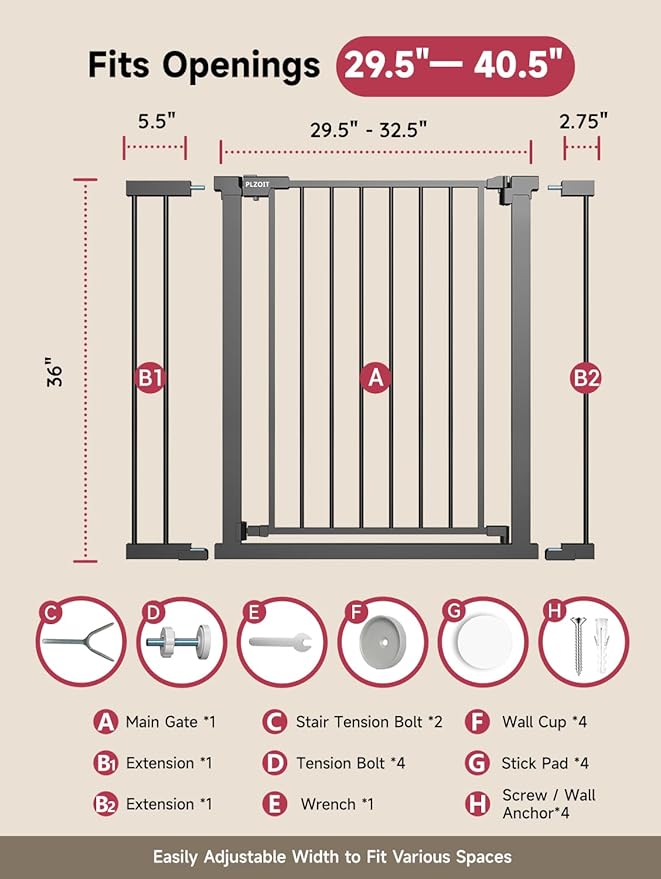 36" Extra Tall Baby Gate for Stairs, 29.5-40.5" Wide Dog Gate for Doorways, Walk Thru Auto Close Metal Pet Gate for The House, Stairs and Doorways, Child Gate Pressure Mounted Dog Gate Indoor - Black-CubbioJoy