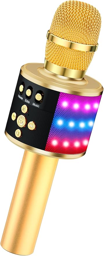 BONAOK Karaoke Microphone for Kids & Adults - Bluetooth Microphones Singing Mic with Disco Lights, Echo Effect, Built-in Speaker Portable Karaoke Player for Party Travel Gifts Q78(Gold)-CubbioJoy