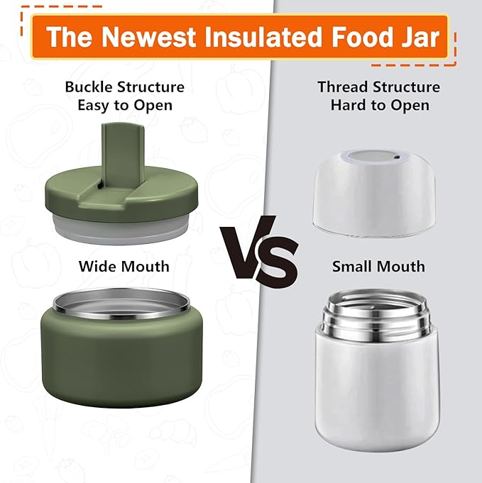 13.5oz Kids Thermos for Hot Food, Insulated Vacuum Food Jar with Buckle Lid, Stainless Steel Wide Mouth Leak Proof Insulated Lunch Container for School Picnic Travel, Green-CubbioJoy