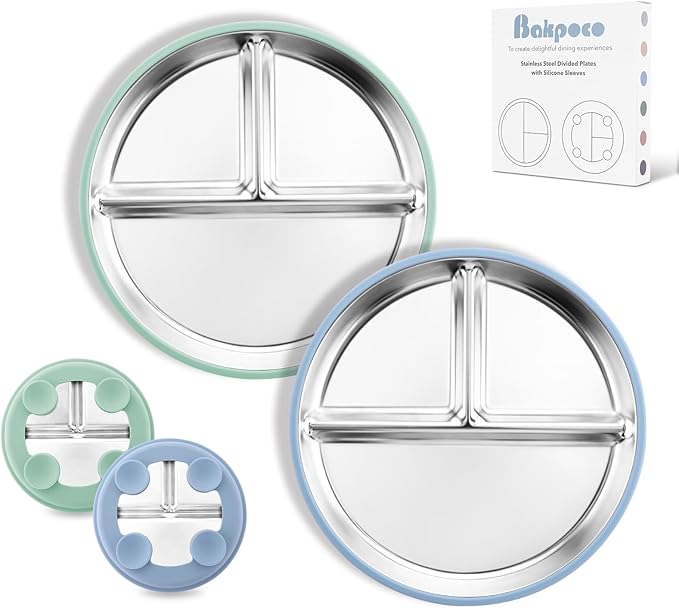 8” Stainless Steel Toddler Plate with Suction, Divided Plates with Removable Silicone Sleeves for Kids, Non Toxic & BPA Free | Non Slip | Unbreakable Baby Snack Dishes Set of 2, Blue & Sage-CubbioJoy