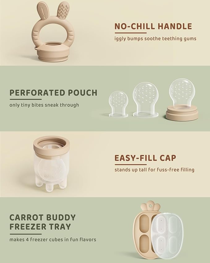 2 Packs Baby Fruit Feeder & Freezer Nibble Tray Combo, Push Pop Baby Food Feeder to Safely Introduce New Foods, Fresh & Frozen Food Silicone Feeder, 100% Food Grade, BPA Free (Caramel & Olive)-CubbioJoy