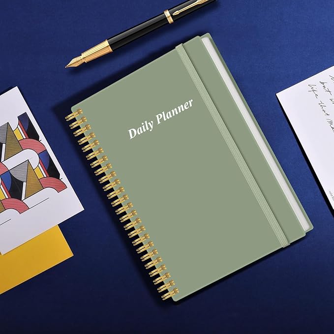 Daily Planner Undated - A5 To Do List Notebook Hourly Schedules, Spiral Appointment Planner for Women and Men, PVC Hardcover, Inner Pocket, Elastic Closure, 5.8" x 8.3", Green-CubbioJoy