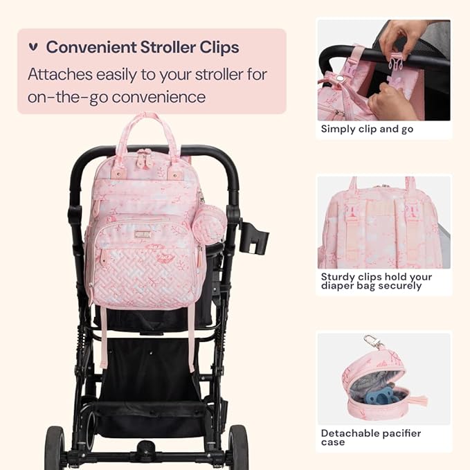 BabbleRoo Diaper Bag Backpack - Baby Essentials, Travel Essentials Baby Bag with Changing Pad, Stroller Straps & Pacifier Case - Unisex, Pink Birdy-CubbioJoy