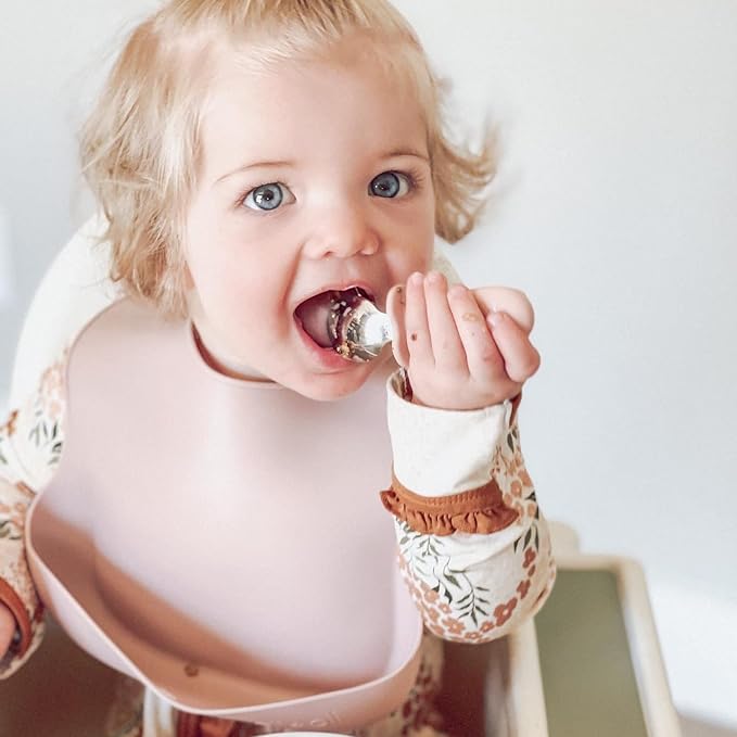 Ali+Oli Spoon & Fork Learning Set for Toddlers (Powder Pink) 6m+ Grab Easy BPA Free Food-Grade Silicone Handle, Kids Silverware Self Feeding Baby Utensil, Multi-stage Baby Feeding Set Ergonomic Design-CubbioJoy