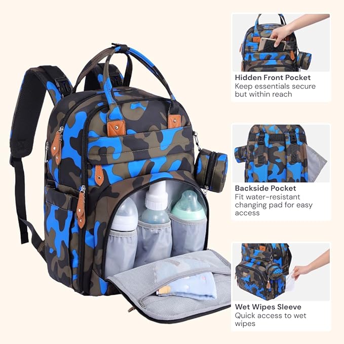 BabbleRoo Diaper Bag Backpack - Baby Essentials Travel Tote - Multi function Waterproof Diaper Bag, Travel Essentials Baby Bag with Changing Pad, Stroller Straps & Pacifier Case - Unisex, Blue Camo-CubbioJoy