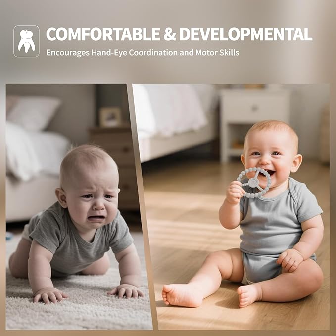 3 Pack Baby Teething Toys 3-6 Months, Silicone Ring Teethers for Babies 6-12 Months, Freezer Safe Chew Toy with Textured Grip for Boys Girls Teething Relief, Infant Easter Gift (Sandy Rose Pink)-CubbioJoy