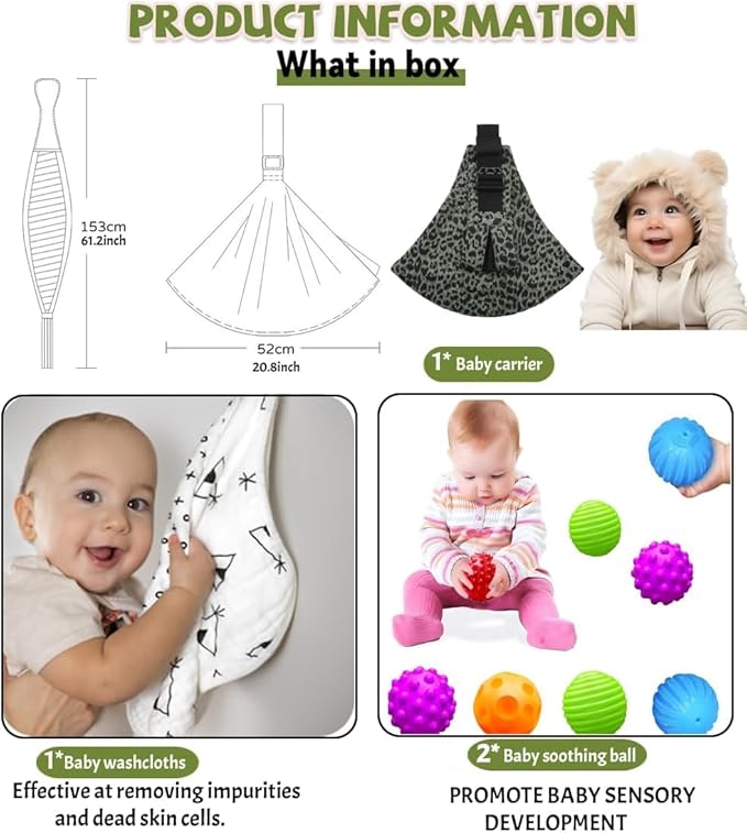 Baby Sling Carrier Adjustable Baby Sling 2025 Upgraded Toddler Sling Comfortable Baby Wrap Carriers Ergonomic-Designed, Travel Friendly Carrying 10-45 Lbs(Green Leopard)-CubbioJoy