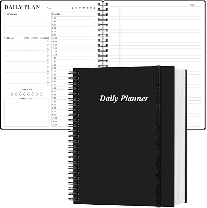 Daily Planner Undated - A4 To Do List Notebook Hourly Schedules, Spiral Appointment Planner for Women and Men,PVC Hardcover, Inner Pocket, Elastic Closure, 8.5" x 11", Black-CubbioJoy
