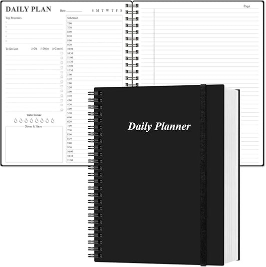 Daily Planner Undated - A4 To Do List Notebook Hourly Schedules, Spiral Appointment Planner for Women and Men,PVC Hardcover, Inner Pocket, Elastic Closure, 8.5" x 11", Black-CubbioJoy