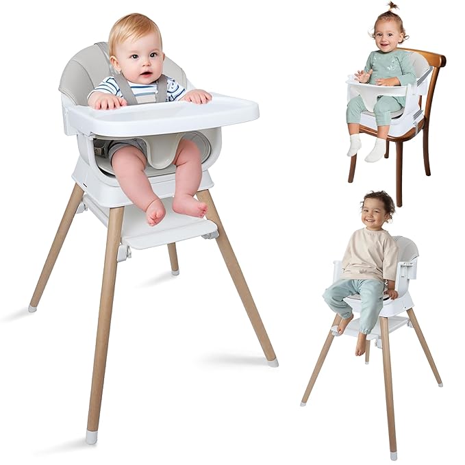 9 in 1 Convertible Baby High Chair with Booster, Wooden Highchair for Babies and Toddlers with Adjustable Tray & 5-Point Harness, Multi-Functional Growing Seat for Feeding, Learning & Play, Gray-CubbioJoy