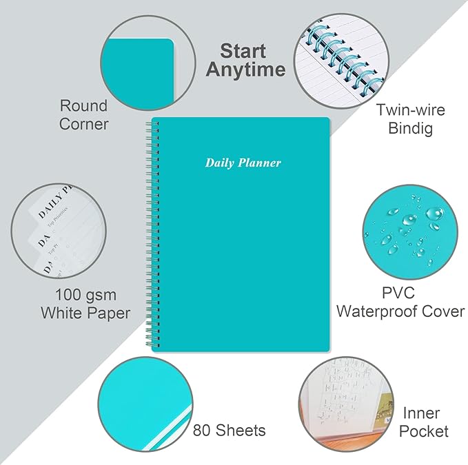 Daily Planner Undated - A4 To Do List Notebook Hourly Schedules, Spiral Appointment Planner for Women and Men,PVC Hardcover, Inner Pocket, Elastic Closure, 8.5" x 11", Teal-CubbioJoy