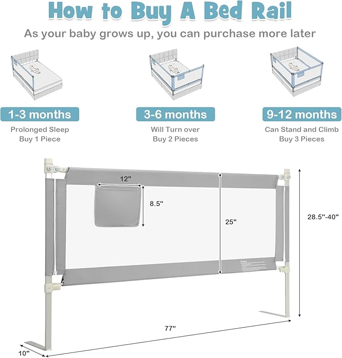BABY JOY Bed Rail for Toddlers, 77'' Extra Long, Height Adjustable & Foldable Baby Bed Rail Guard w/Storage Pocket & Double Safety Child Lock for Kids Twin Double Full Size Queen King Mattress (Gray)-CubbioJoy