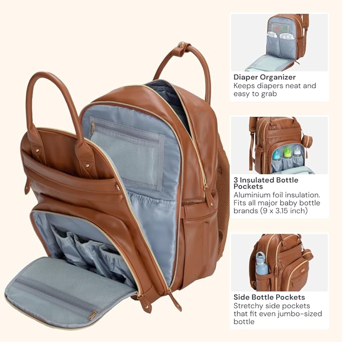 BabbleRoo Leather Diaper Bag Backpack - Baby Essentials Travel Baby Bag, Multi function, Waterproof, with Changing Pad, Stroller Straps & Pacifier Case – Unisex, Natural Brown-CubbioJoy