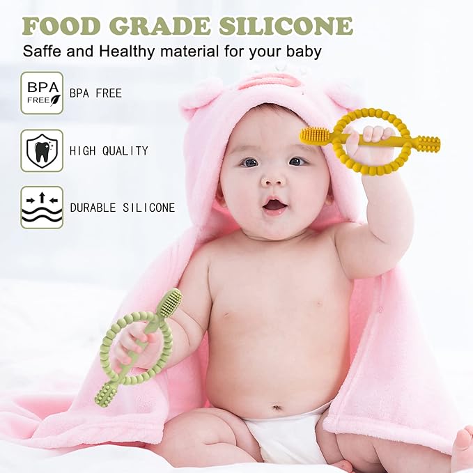 Baby Teething Toys with Easy-Hold Handle, Silicone Infant Toothbrush, Textured On Both Sides Helps Massage, Soothe Sore Gums, Teething Toys for Babies 0-6 Months, 6-12 Months-CubbioJoy
