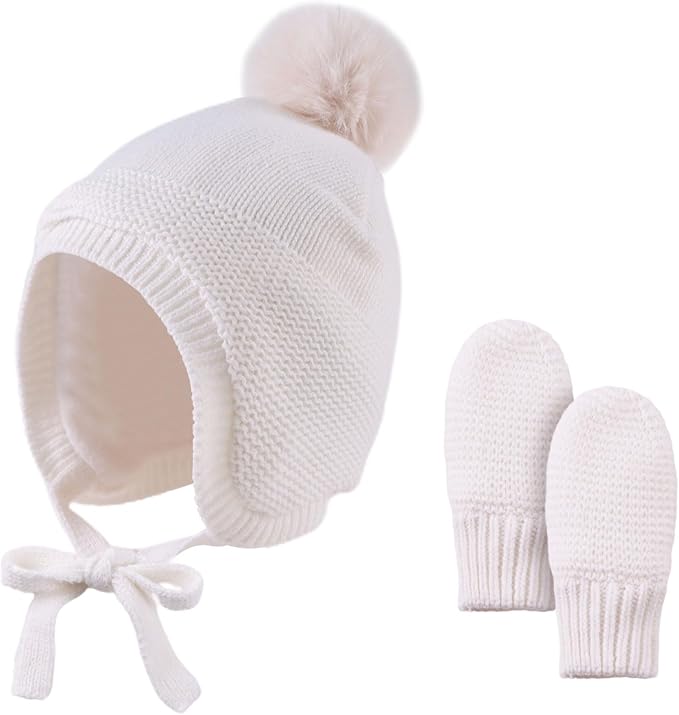 Basic Winter Baby Beanie Gloves Boys Girls Knitted Hat Pompom Kids Earflap Hats Warm Infant Toddler Beanie Mittens Set-CubbioJoy